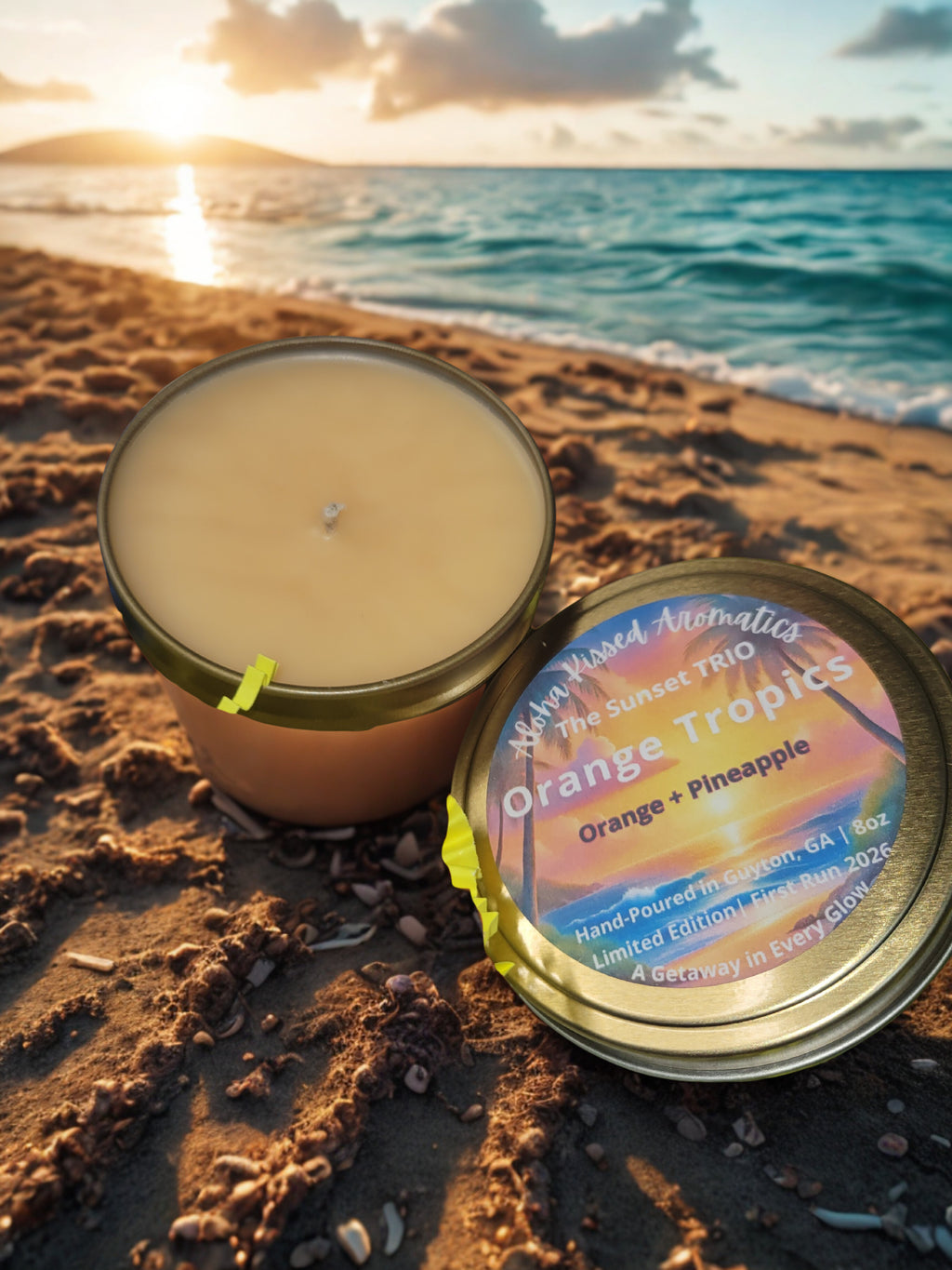 Orange Tropics candle in 8oz gold tin featuring vibrant citrus and sun-ripened island orange