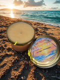 Orange Tropics candle in 8oz gold tin featuring vibrant citrus and sun-ripened island orange