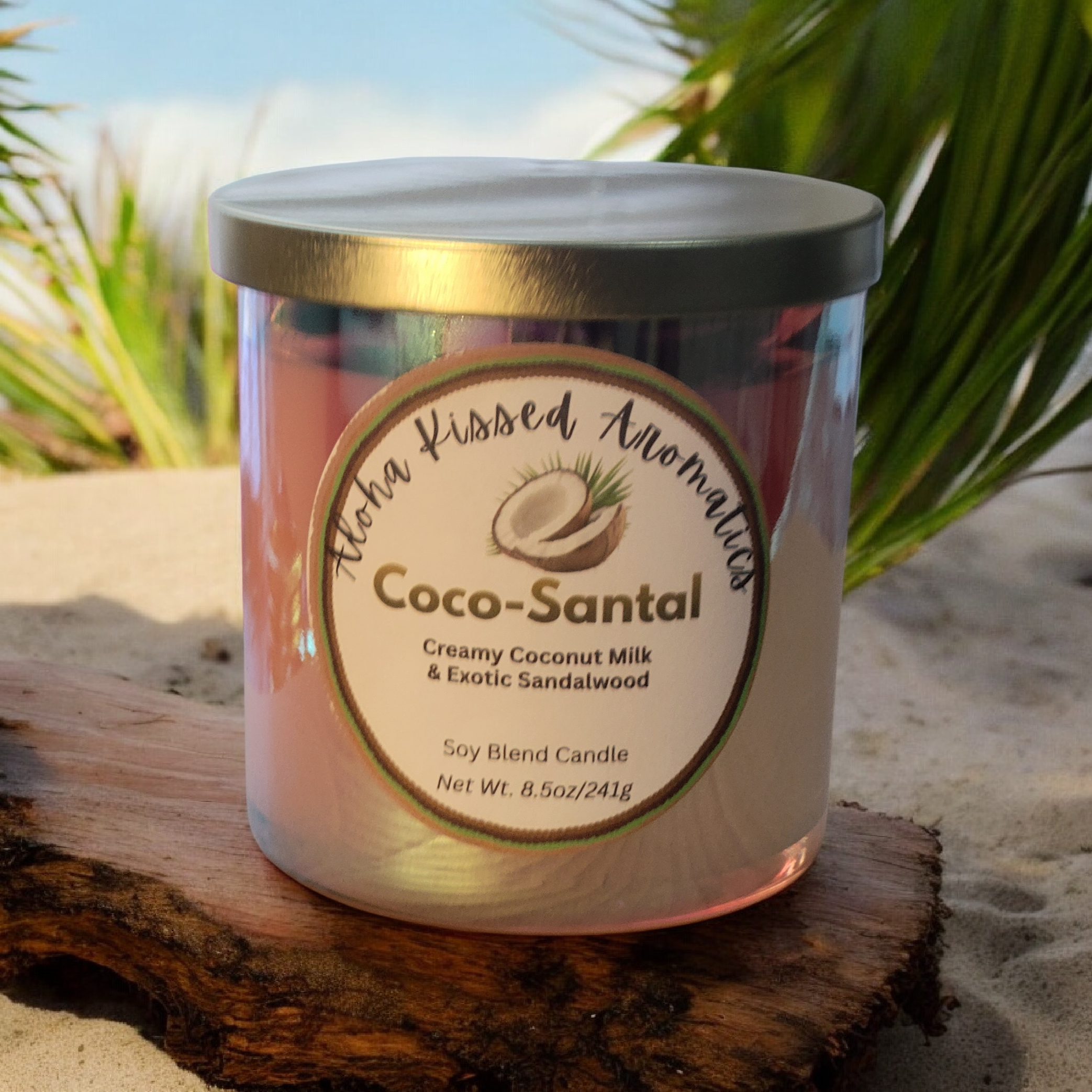 Luxury Coco-Santal candle in 8oz gold tin with notes of coconut and sandalwood