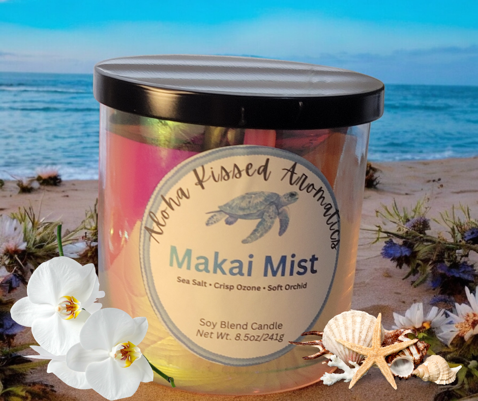Makai Mist ocean-inspired candle in luxury glass jar with fresh sea salt and ozone notes.