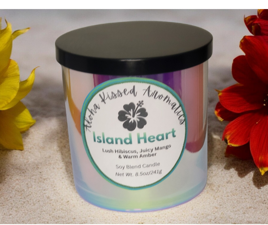 Island Heart tropical candle handcrafted in small batches with premium BW-910 wax.