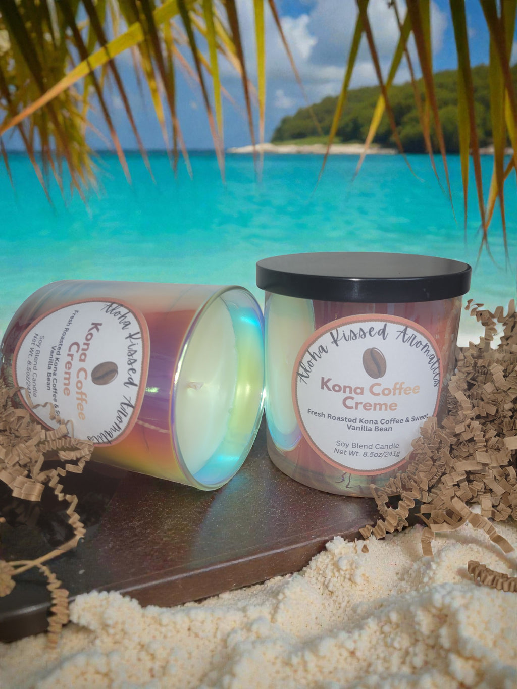 Kona Coffee Creme candle in 8oz tin with rich roasted coffee and sweet vanilla cream scent.