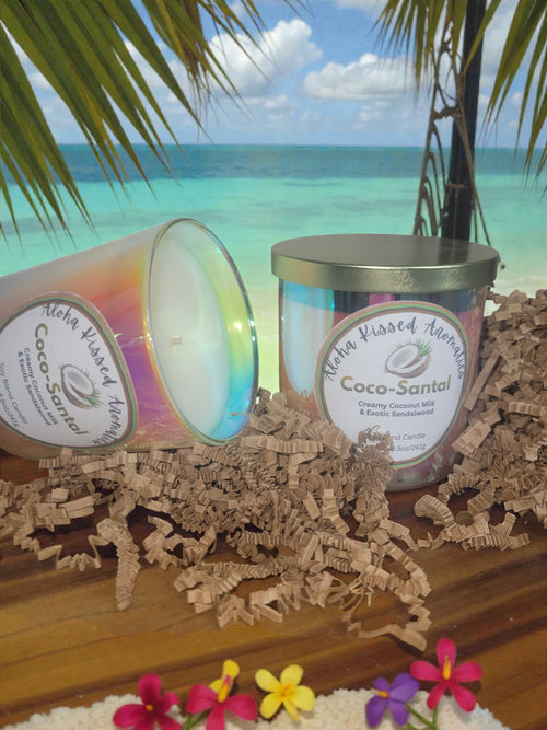 Luxury Coco-Santal candle in 8oz gold tin with notes of coconut and sandalwood