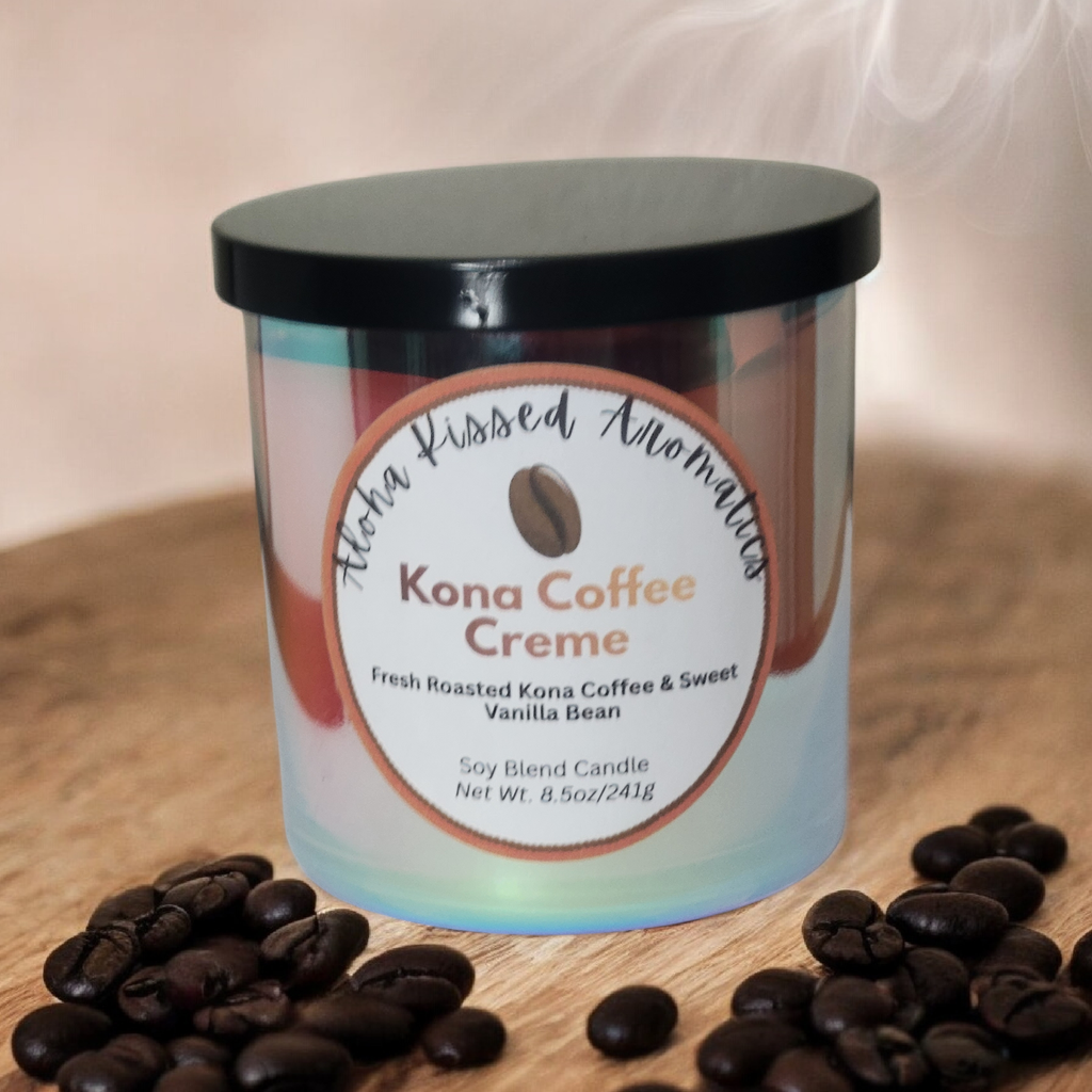 Kona Coffee Creme candle in 8oz tin with rich roasted coffee and sweet vanilla cream scent.