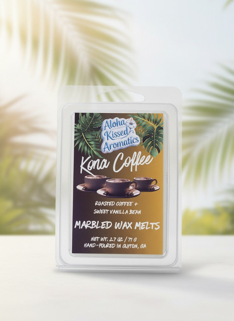 Hand-marbled coffee-themed wax melts with dark espresso and cream-colored swirls, artisanal home fragrance