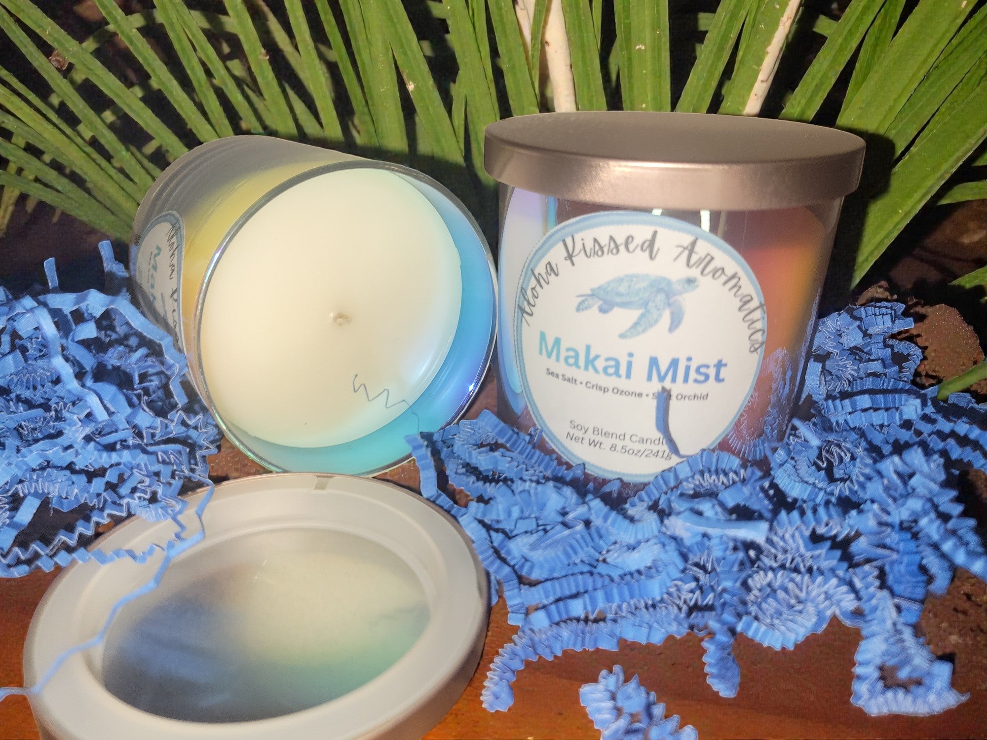 Makai Mist ocean-inspired candle in luxury glass jar with fresh sea salt and ozone notes.
